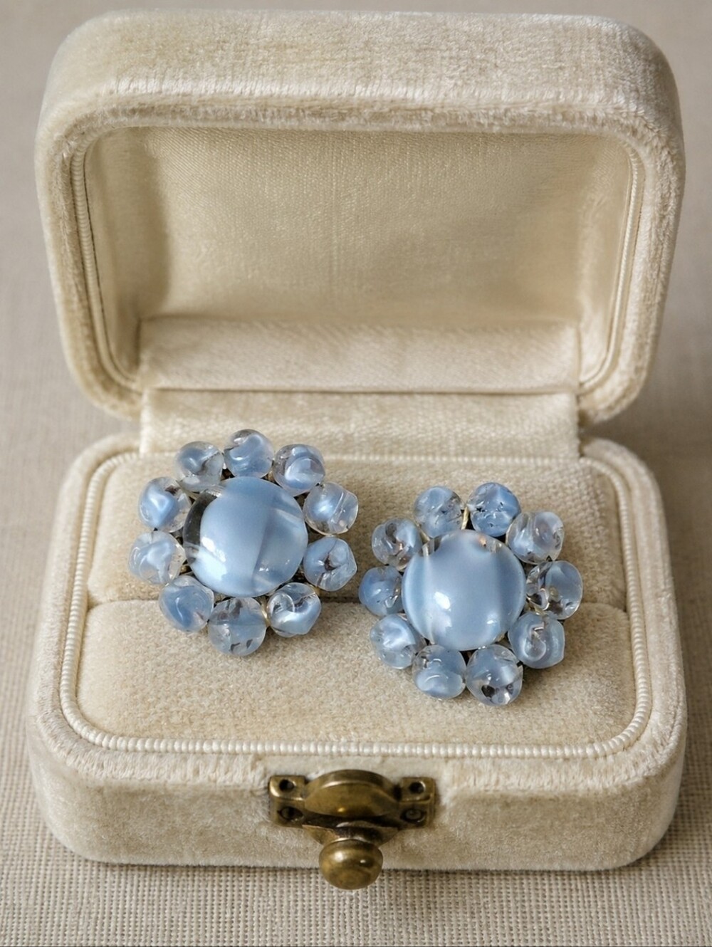 Blue Glass Marbled Light Blue Vintage Clip Earrings Signed Western Germany Brass